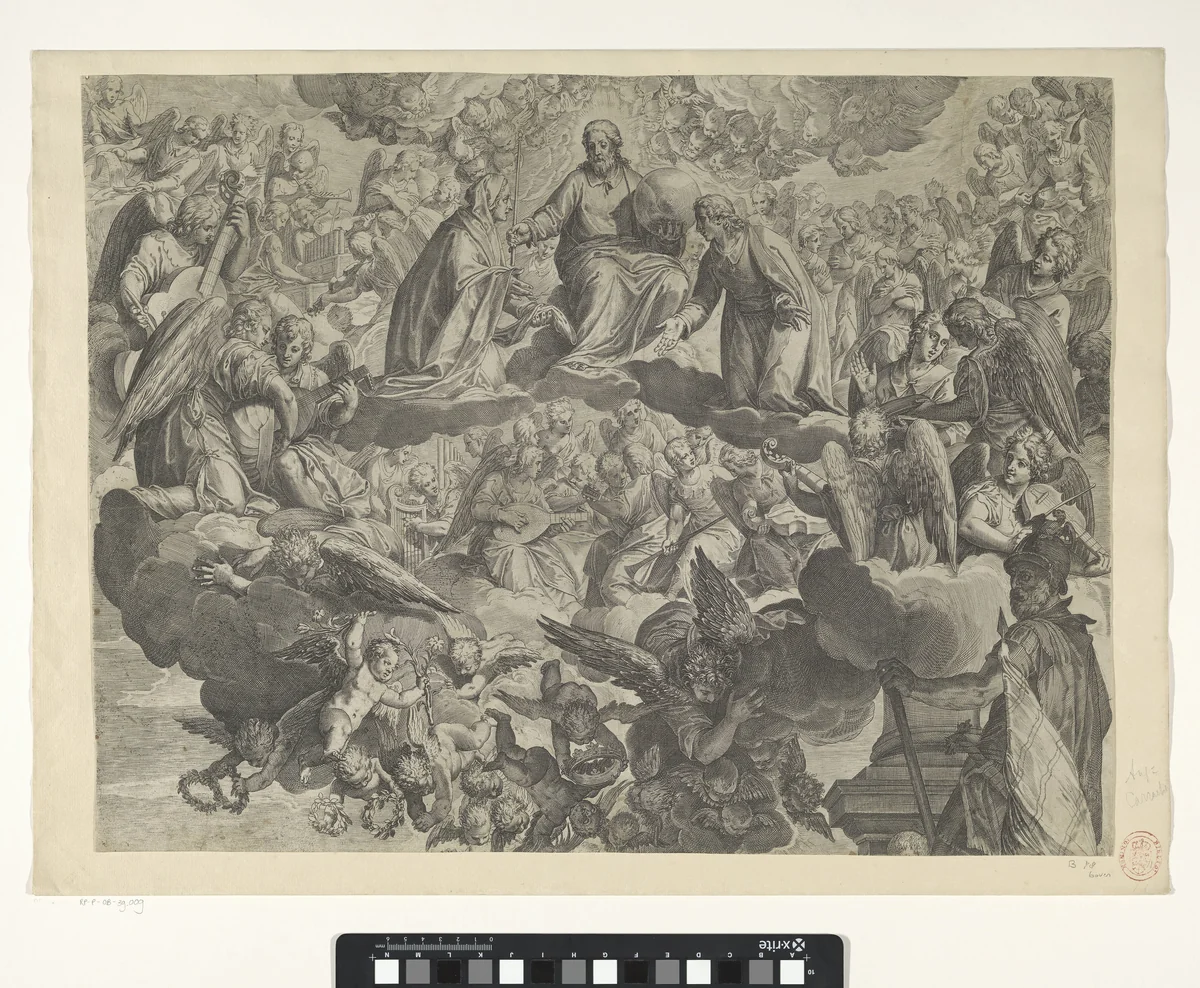 Het martelaarschap van de heilige Justina van Padua (bovenste helft) by Agostino Carracci, print, 1567-1602