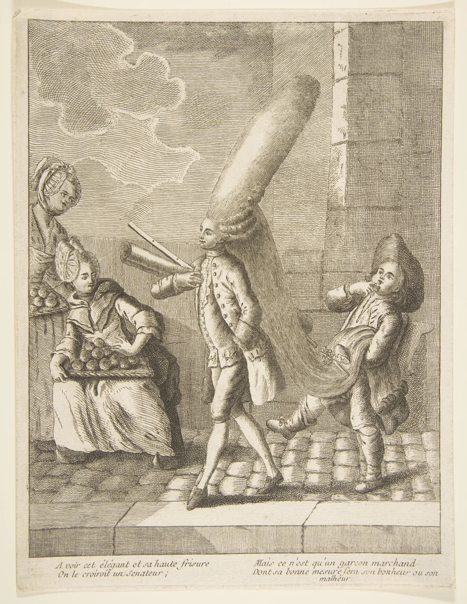 A voir cet élégant et sa haute frisure, On le croiroit un Senateur, Mais ce n'est qu'un garcon marchand, Dont sa bonne mesure sera son bonheru ou son malheur by anonymous, print, 1750-1775