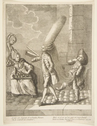A voir cet élégant et sa haute frisure, On le croiroit un Senateur, Mais ce n'est qu'un garcon marchand, Dont sa bonne mesure sera son bonheru ou son malheur by anonymous, print, 1750-1775