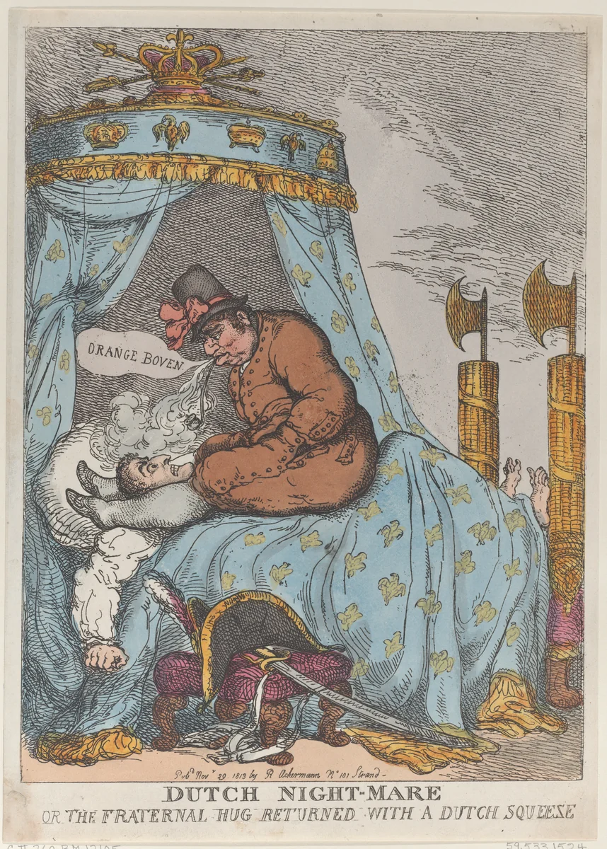 Dutch Night-Mare or the Fraternal Hug Returned with a Dutch Squeeze by Thomas Rowlandson, print, 1813