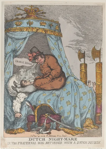 Dutch Night-Mare or the Fraternal Hug Returned with a Dutch Squeeze by Thomas Rowlandson, print, 1813