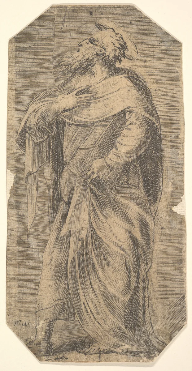 Saint Jude facing left, book under his left arm, from "Christ and the Apostles" by Andrea Schiavone, print, 1543-1553