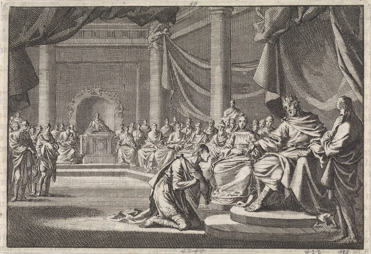 Tijdens een vergadering knielt Antipater voor zijn vader Herodes by Jan Luyken, print, 1704