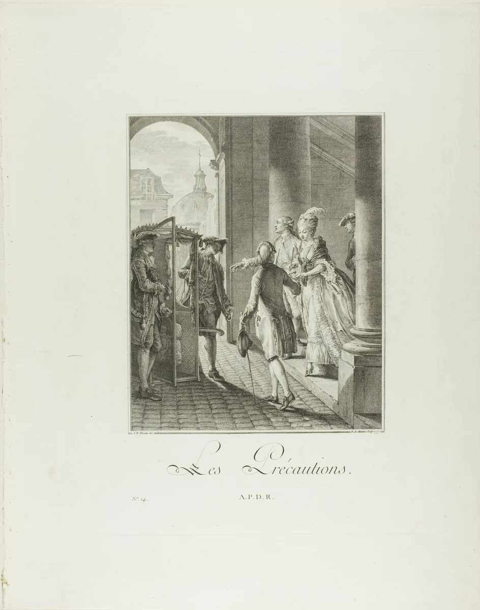 The Precautions, from Monument du Costume Physique et Moral de la fin du Dix-huitième siècle by Pietro Antonio Martini, print, 1777