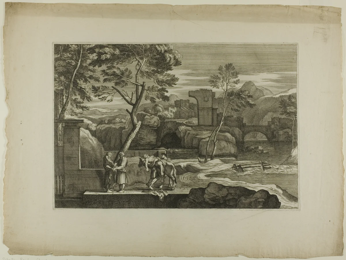 The Good Samaritan Takes the Wounded Man from his Donkey by Sébastien Bourdon, print, 1601-1700