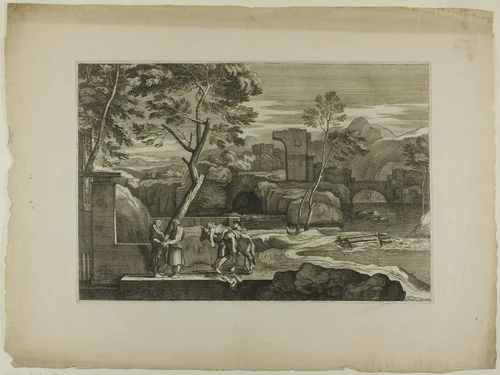 The Good Samaritan Takes the Wounded Man from his Donkey by Sébastien Bourdon, print, 1601-1700