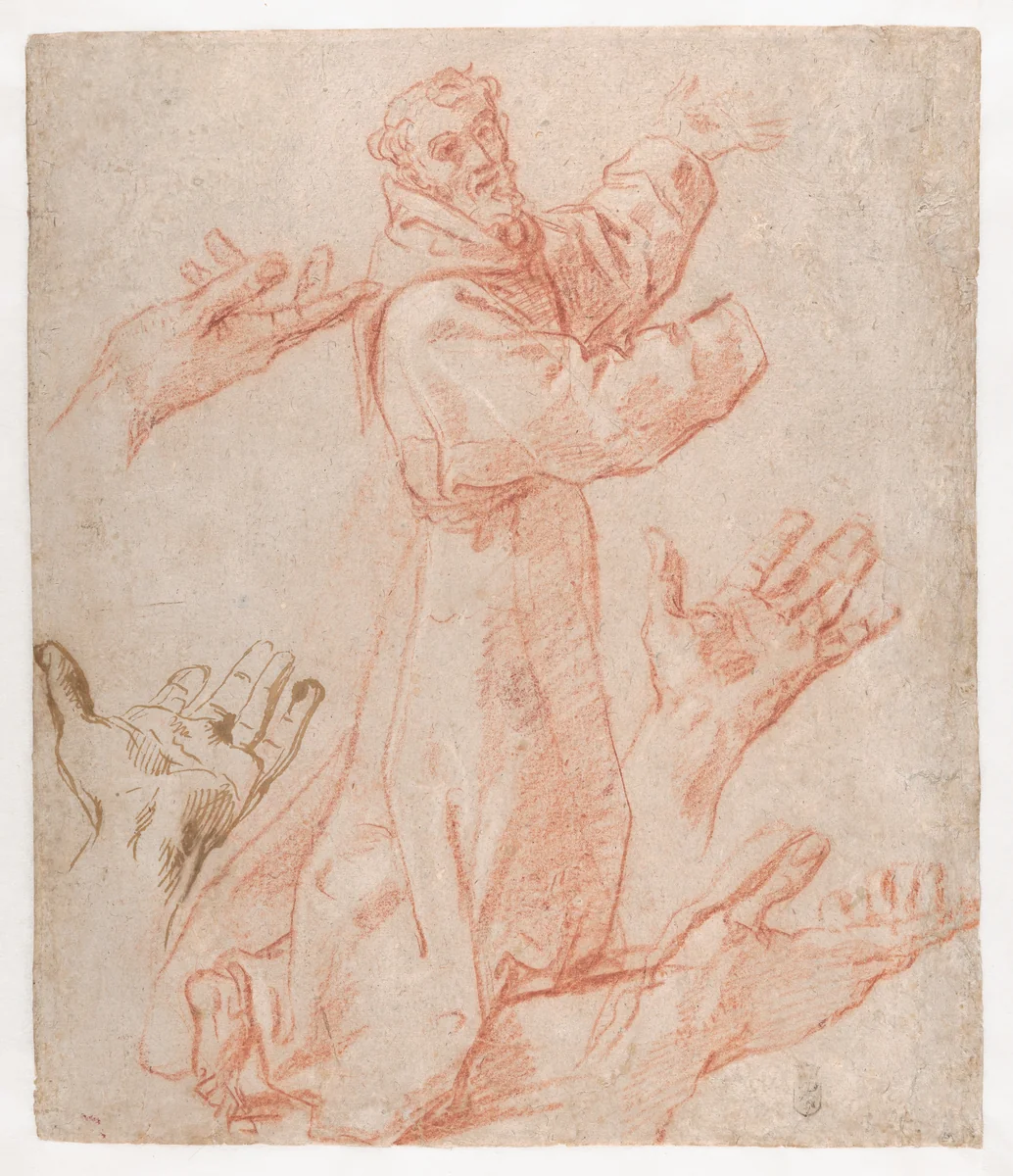 Studies for a Figure of Saint Francis Kneeling in a Three-Quarter View and for His Hands (recto); Studies for a Figure of Saint Francis Kneeling in Profile (verso) by Annibale Carracci, drawing, 1583-1585