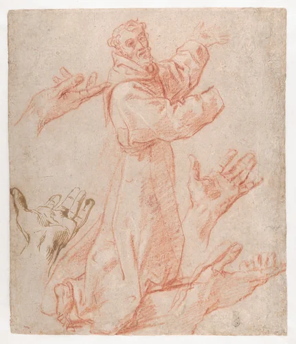 Studies for a Figure of Saint Francis Kneeling in a Three-Quarter View and for His Hands (recto); Studies for a Figure of Saint Francis Kneeling in Profile (verso) by Annibale Carracci, drawing, 1583-1585