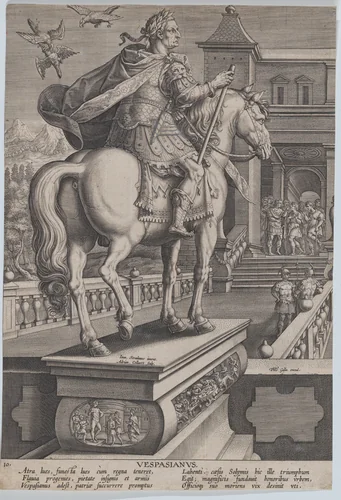 Plate 10: equestrian statue of Vespasian, seen from behind, three birds at upper right with one attacking another, from 'Roman Emperors on Horseback' by Adriaen Collaert, print, 1582-1594