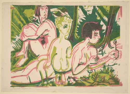 Nude Women with a Child in the Forest by Ernst Ludwig Kirchner, print, 1925