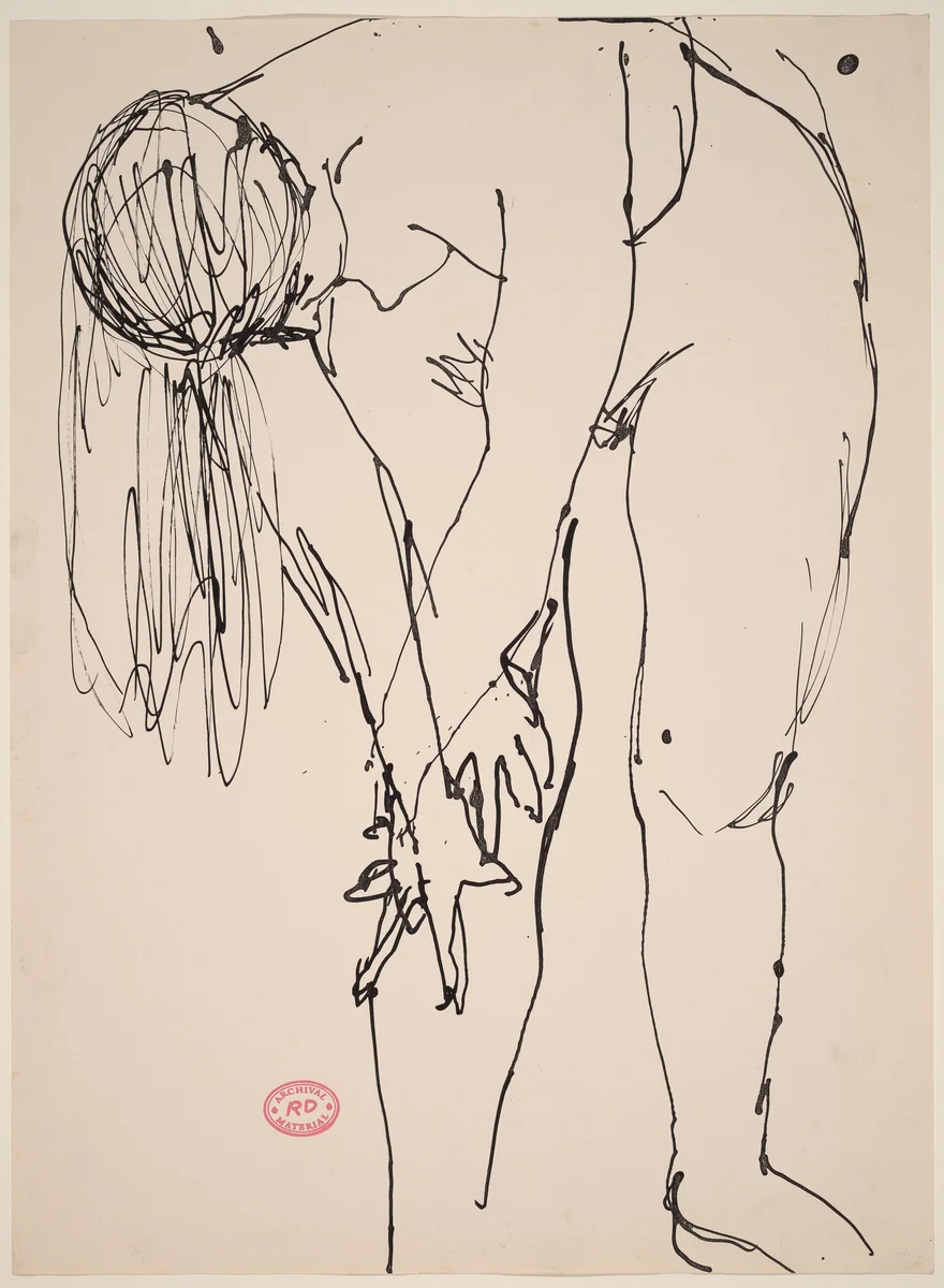 Untitled [female nude bending over and holding right knee] by Richard Diebenkorn, drawing, 1955-1967