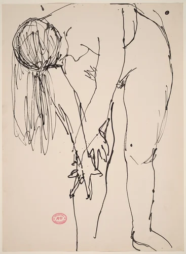 Untitled [female nude bending over and holding right knee] by Richard Diebenkorn, drawing, 1955-1967