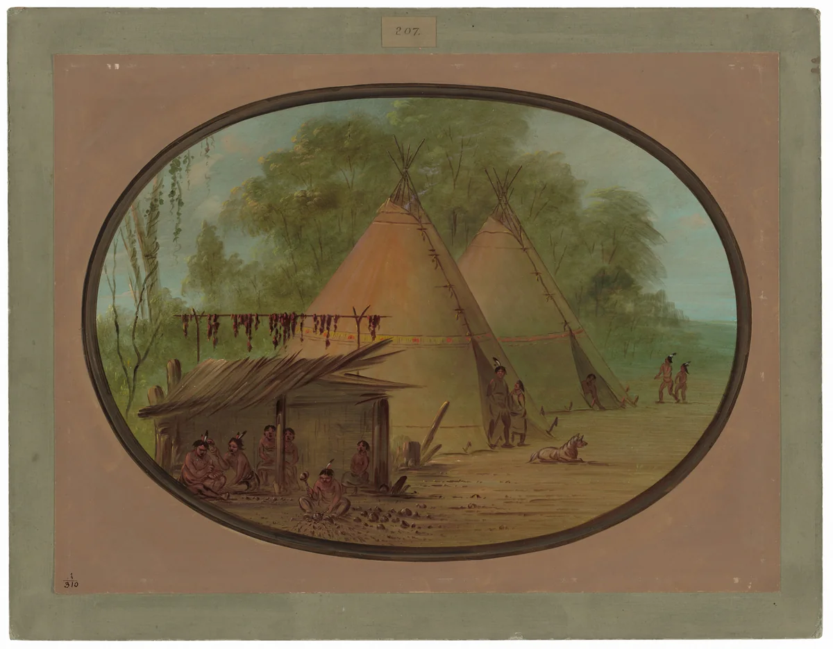 Making Flint Arrowheads - Apachees by George Catlin, painting, 1855-1869