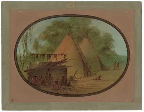 Making Flint Arrowheads - Apachees by George Catlin, painting, 1855-1869