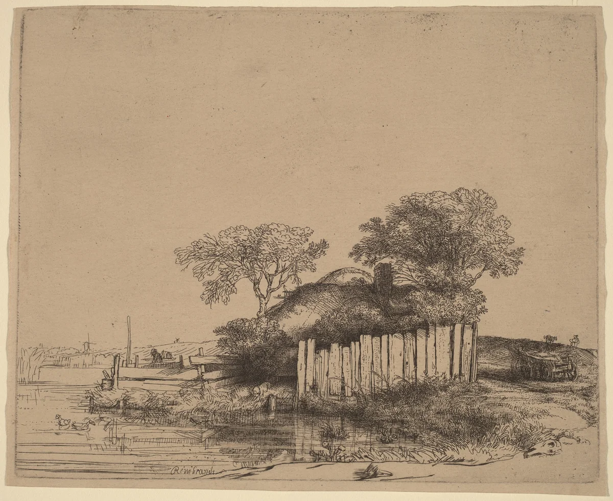 Cottage with a White Paling by Rembrandt van Rijn, print, 1648