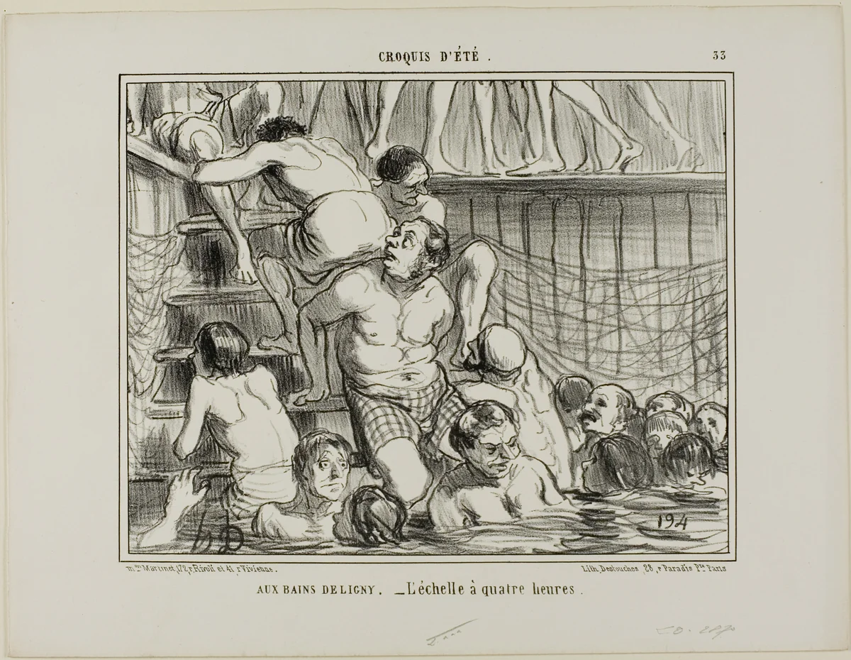 At the Deligny Baths. - The ladder at 4 p.m., plate 33 from Croquis D'été by Honoré-Victorin Daumier, print, 1858