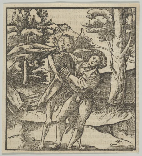 A Young Man Seized by Death, from Hymmelwagen auff dem, wer wol lebt... by Hans Schäufelein, print, 1517