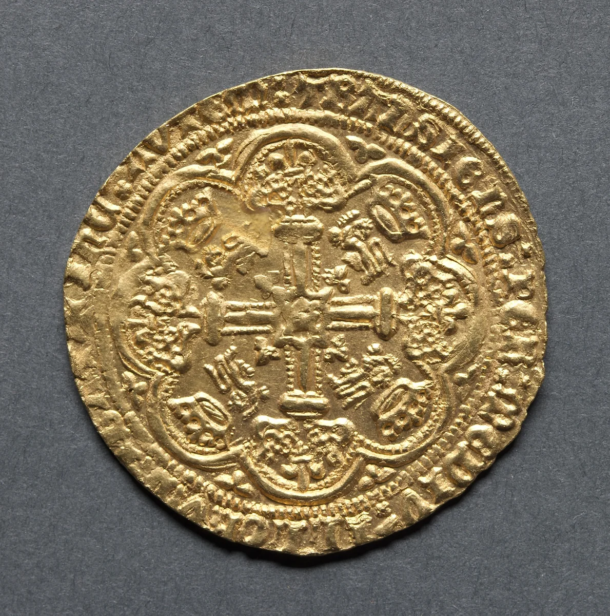 Noble: Ornamental Cross with Lis Terminals (reverse) by Unknown, metalwork, 1413-1422