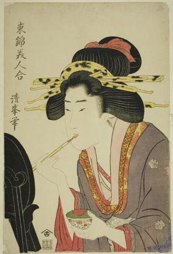 Beauty applying rouge, from the series "Comaprison of Beauties in Eastern Brocade (Azuma nishiki bijin awase)" by Torii Kiyomitsu II, print, 1799-1815