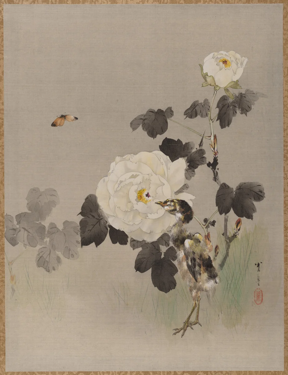 Roses, Young Bird and a Butterfly by Watanabe Seitei (渡辺省亭), painting, 1877-1897