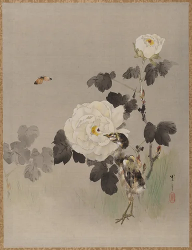 Roses, Young Bird and a Butterfly by Watanabe Seitei (渡辺省亭), painting, 1877-1897