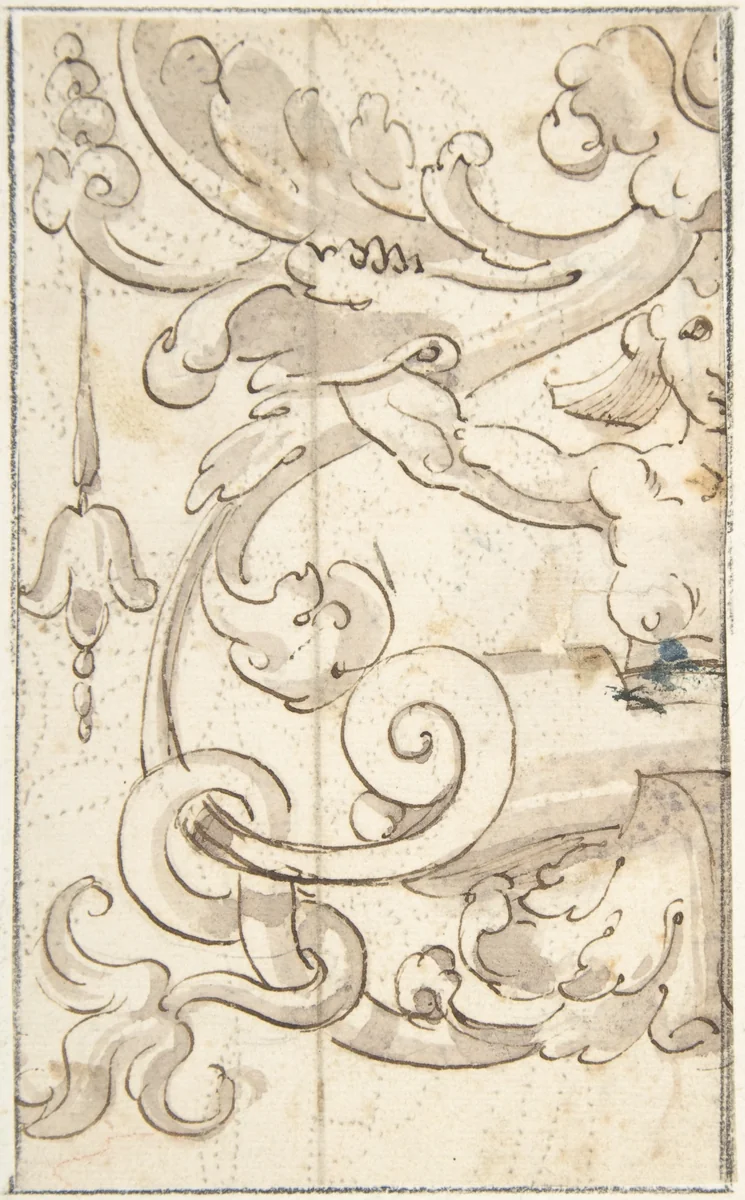 Fragment of Ornamental Drawing after the Antique; Half-harpy with Acanthus Rinceaux by Andrés de Melgar, drawing, 1540-1550