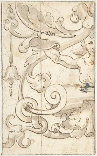 Fragment of Ornamental Drawing after the Antique; Half-harpy with Acanthus Rinceaux by Andrés de Melgar, drawing, 1540-1550