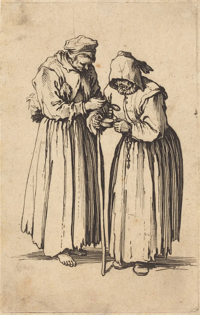Two Beggar Women by Jacques Callot, print, 1622