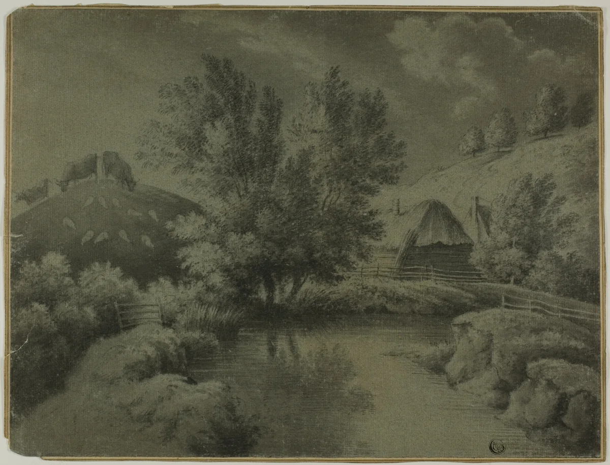 Farm with Pond in Foreground, Cows Grazing on Hill by Unknown Artist, drawing, 1700-1799