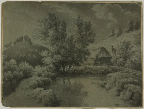Farm with Pond in Foreground, Cows Grazing on Hill by Unknown Artist, drawing, 1700-1799