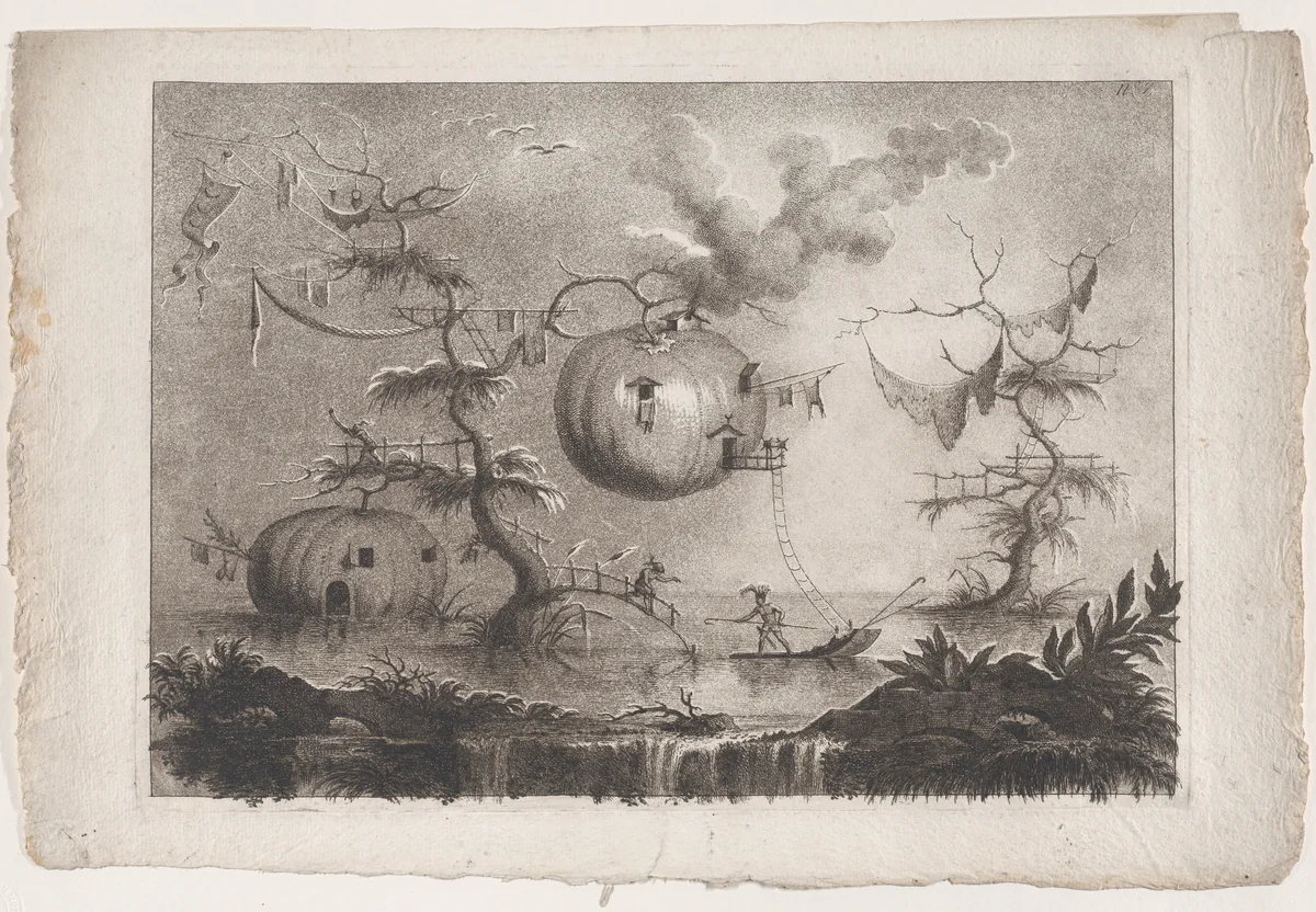 Plate 7 from 'The collection of the most notable things seen by John Wilkins, erudite English bishop, on his famous trip from the Earth to the Moon... (Raccolta delle cose più notabili Vedute da Giovanni Wilkins erudito Vescove Inglese nel suo famoso viaggio dalla Terra alla Luna...): 'Pumpkins used as dwellings to secure against wild beasts' (Zucche che servono d'abitazioni per garantirsi dalle fiere) by Filippo Morghen, print, 1783-1813