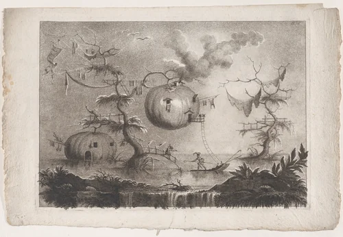 Plate 7 from 'The collection of the most notable things seen by John Wilkins, erudite English bishop, on his famous trip from the Earth to the Moon... (Raccolta delle cose più notabili Vedute da Giovanni Wilkins erudito Vescove Inglese nel suo famoso viaggio dalla Terra alla Luna...): 'Pumpkins used as dwellings to secure against wild beasts' (Zucche che servono d'abitazioni per garantirsi dalle fiere) by Filippo Morghen, print, 1783-1813