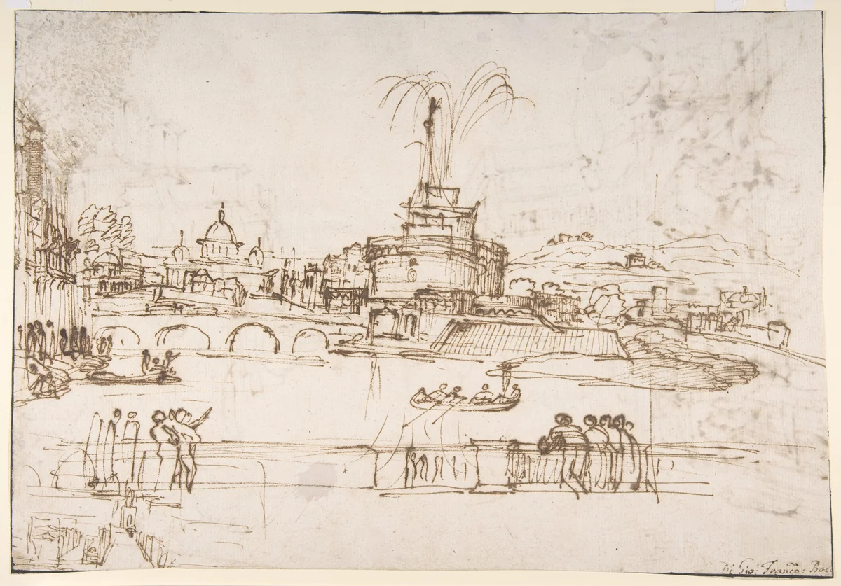 Figures Watching a Display of Fireworks at Castel Sant'Angelo, Rome (recto); A Distant View of the Fireworks Seen from a Villa Garden (verso) by Giovanni Francesco Grimaldi, drawing, 1606-1680
