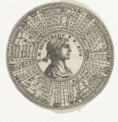 Penning met het portret van keizer Honorius en de namen van Romeinse keizers by anonymous, print, 1712
