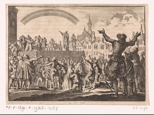 Plein te Orange, waar het bestuur van prins Willem III wordt aanvaard, terwijl de menigte kijkt naar een boog in de lucht, 1670 by Jan Luyken, print, 1698