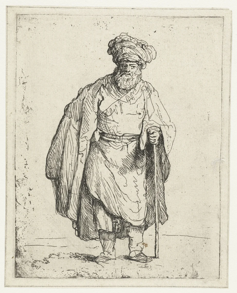 Man met tulband en stok by anonymous, print, 1643-1700