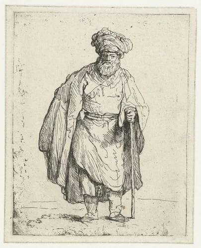 Man met tulband en stok by anonymous, print, 1643-1700