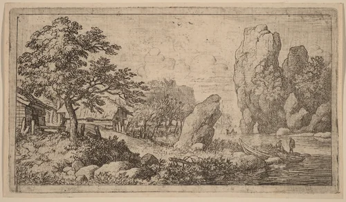 Pointed Boulder at the Bank of a River by Allart van Everdingen, print, 1645-1656