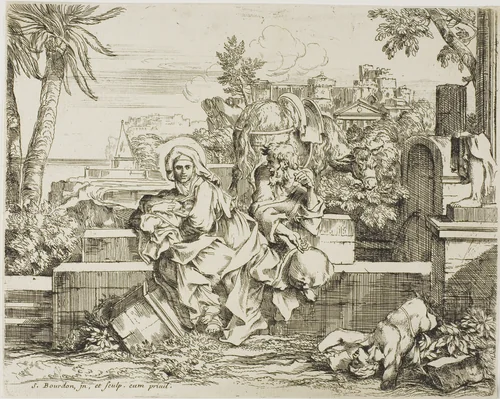 Rest on the Flight into Egypt by Sébastien Bourdon, print, 1631-1671