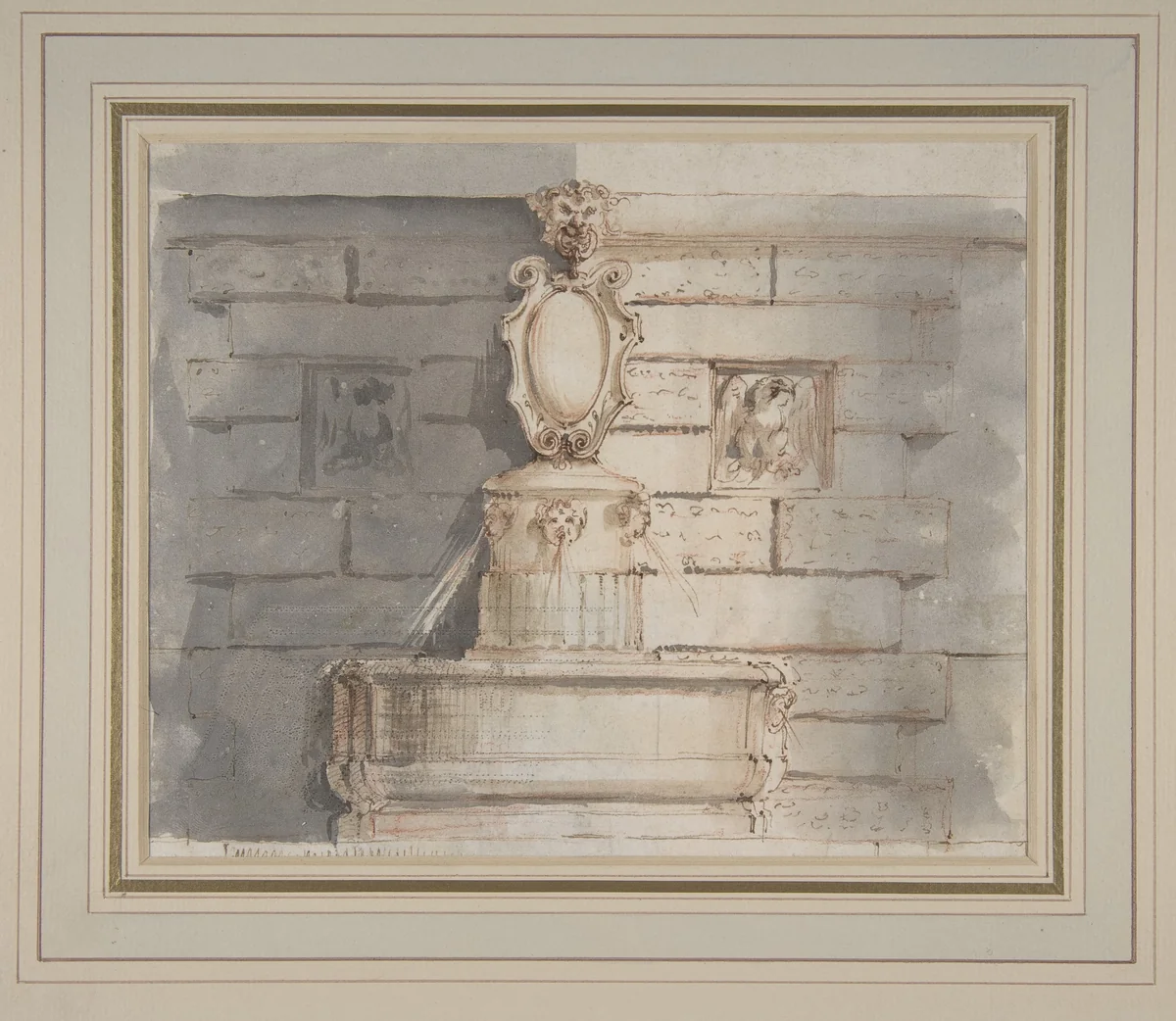 Design for a Fountain at a Street Corner Decorated with Putti Heads, a Coat of Arm and a Gargoyle Head on the Top by Flaminio Innocenzo Minozzi, drawing, 1735-1817