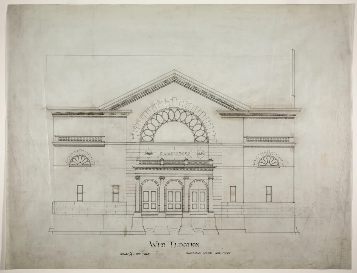 Isaiah Temple, Chicago, Illinois, Alternate West Elevation by Dankmar Adler, drawing, 1898-1899