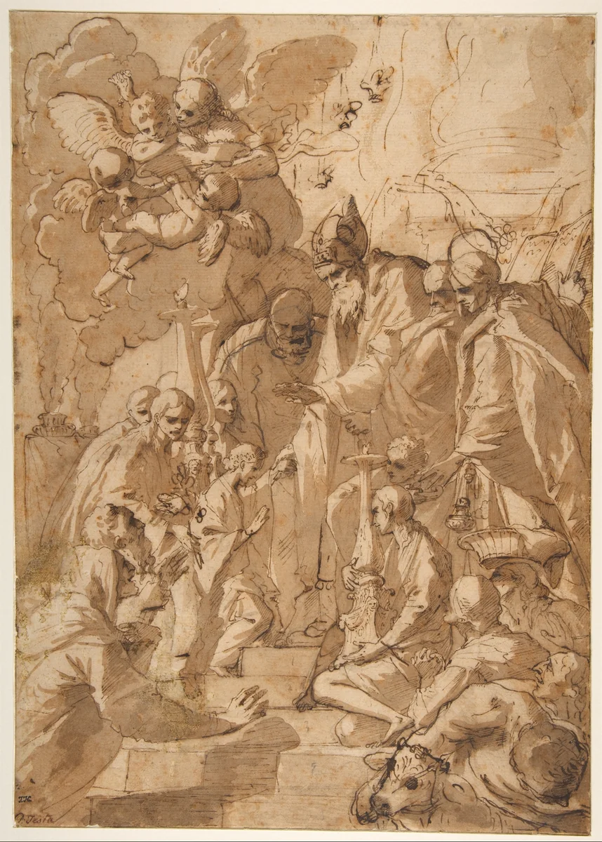 The Presentation of the Virgin in the Temple (recto); Another Design for the Same Composition (verso) by Pietro Testa, drawing, 1612-1650