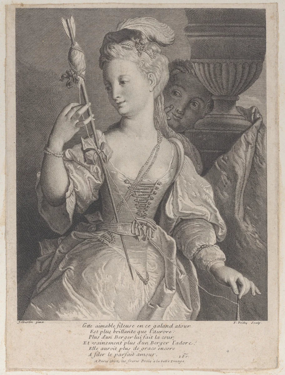 Young woman spinning thread for an arrow by François II de Poilly, print, 1686-1741