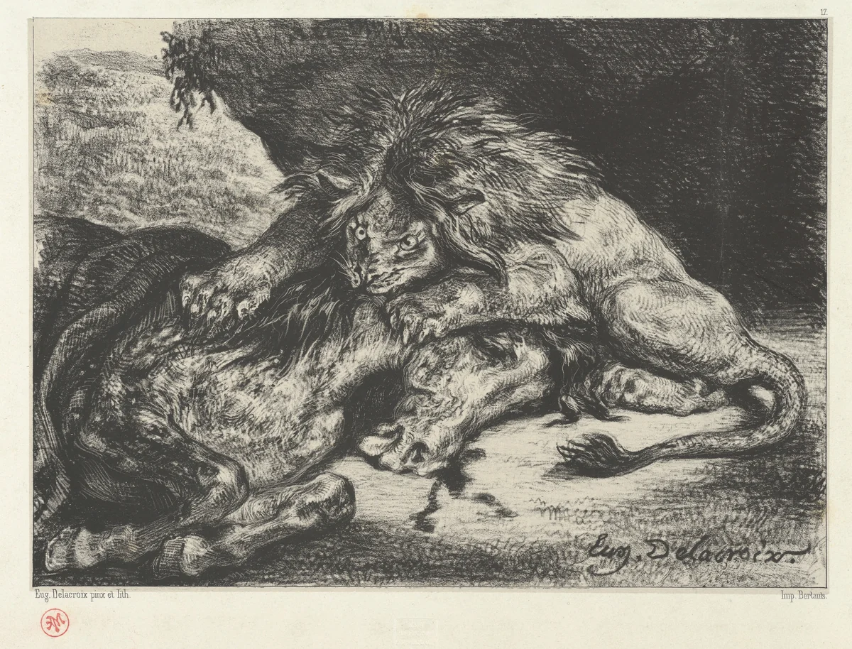 Lion Devouring a Horse by Eugène Delacroix, print, 1844
