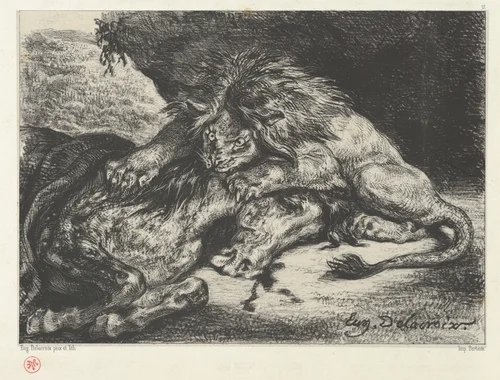 Lion Devouring a Horse by Eugène Delacroix, print, 1844