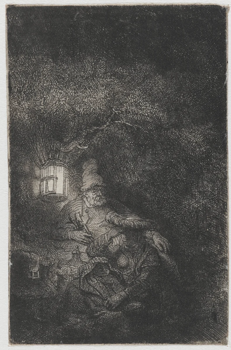 The rest on the flight into Egypt: a night piece by Rembrandt van Rijn, print, 1644