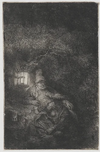 The rest on the flight into Egypt: a night piece by Rembrandt van Rijn, print, 1644