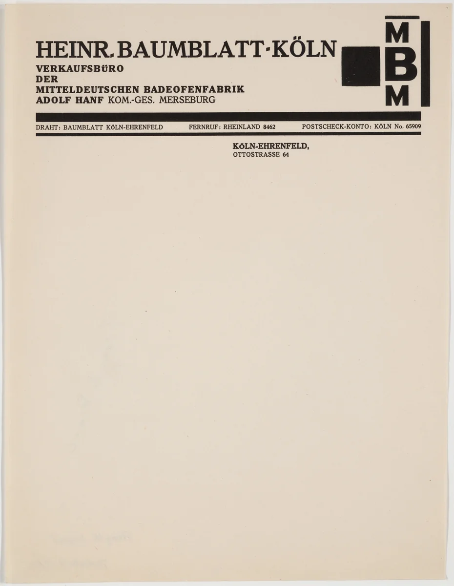Heinr. Baumblatt-Köln, Verkaufsbüro der Mitteldeutschen Badeofenfabrik by Franz Wilhelm Seiwert, design