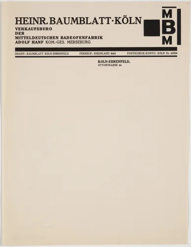 Heinr. Baumblatt-Köln, Verkaufsbüro der Mitteldeutschen Badeofenfabrik by Franz Wilhelm Seiwert, design
