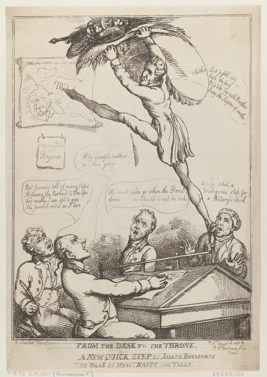 From the Desk to the Throne, A New Quick Step by Joseph Bonaparte the Bass By Messers Nappy and Tally by Thomas Rowlandson, print, 1808